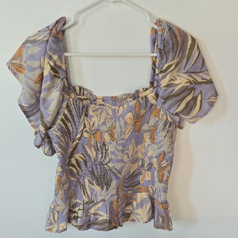 🌿 Patrons of Peace Purple Tan Ruffled Smocked Blouse 🌿